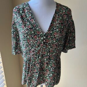 The Kooples Floral V-Neck Peplum Blouse Flutter Sleeves - Green/Coral Sz Medium